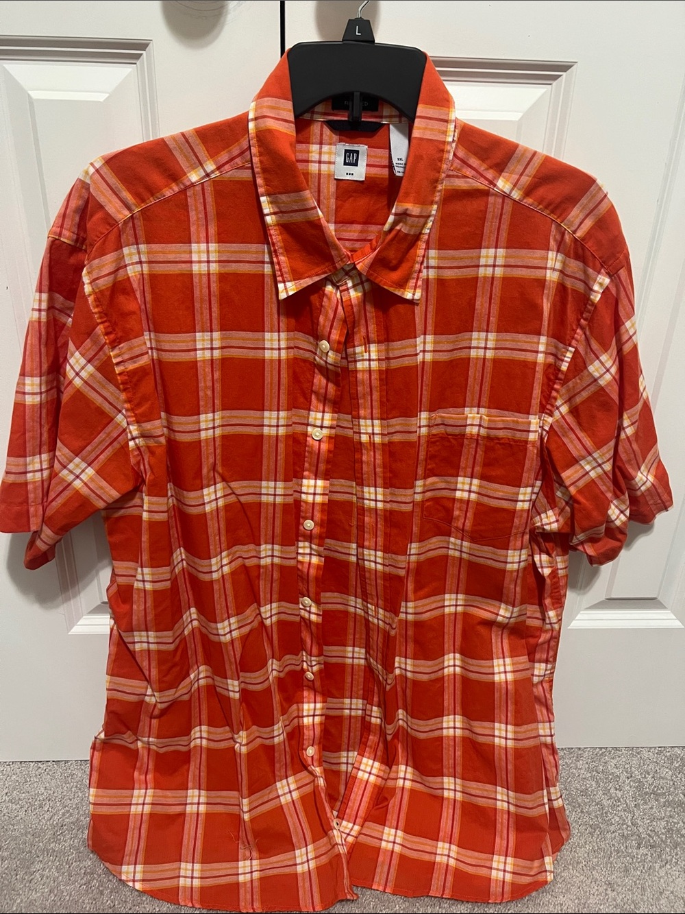GAP Men’s Orange Plaid Short-Sleeve Button-Down Shirt